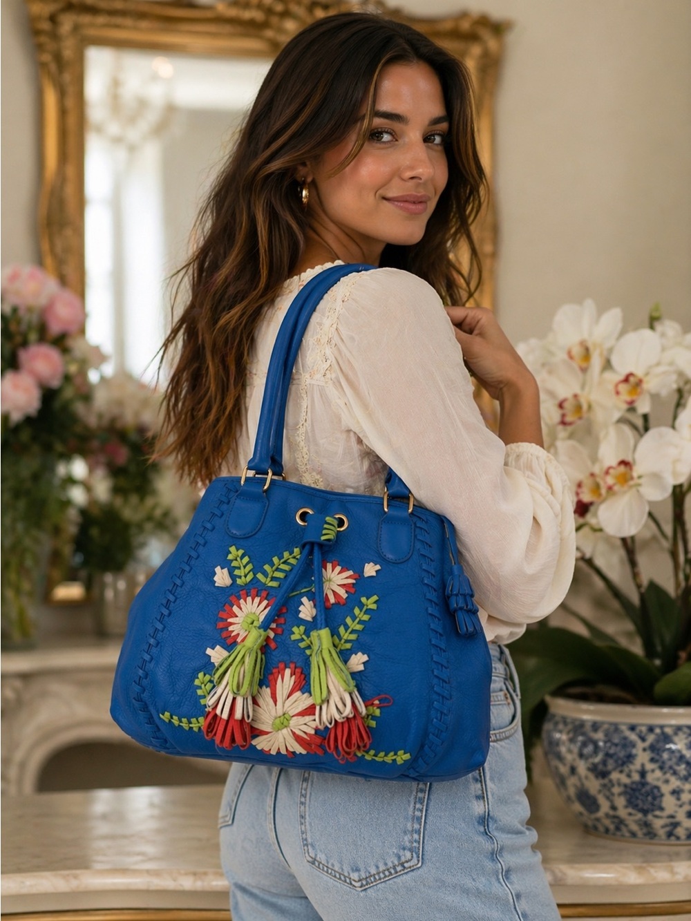 Isabella Fiore Blue Leather Floral Embroidered Shoulder Bag